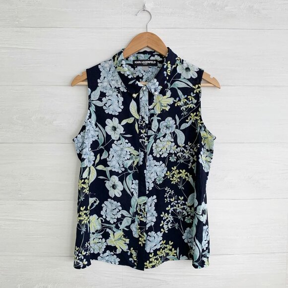 Karl Langenfeld Paris - Navy floral pearl button sleeveless chiffon top, PL - Picture 1 of 5